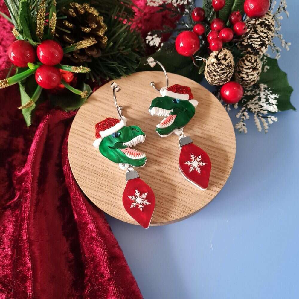Christmas T-Rex Dinosaur Dangle Earrings by Cherryloco Jewellery 1