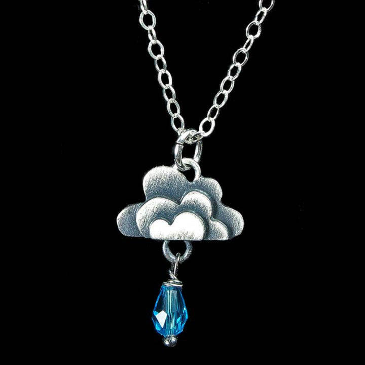 Chickenscratch Cloud Pendant detail — artisan sterling silver cloud necklace with glass raindrop handmade in USA