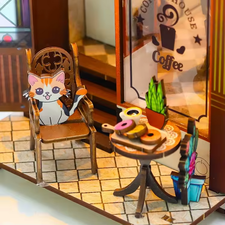 Coffee House Dollhouse Kit - Miniature Wizardi Roombox Kit with LED Light F07M51-84-M2411