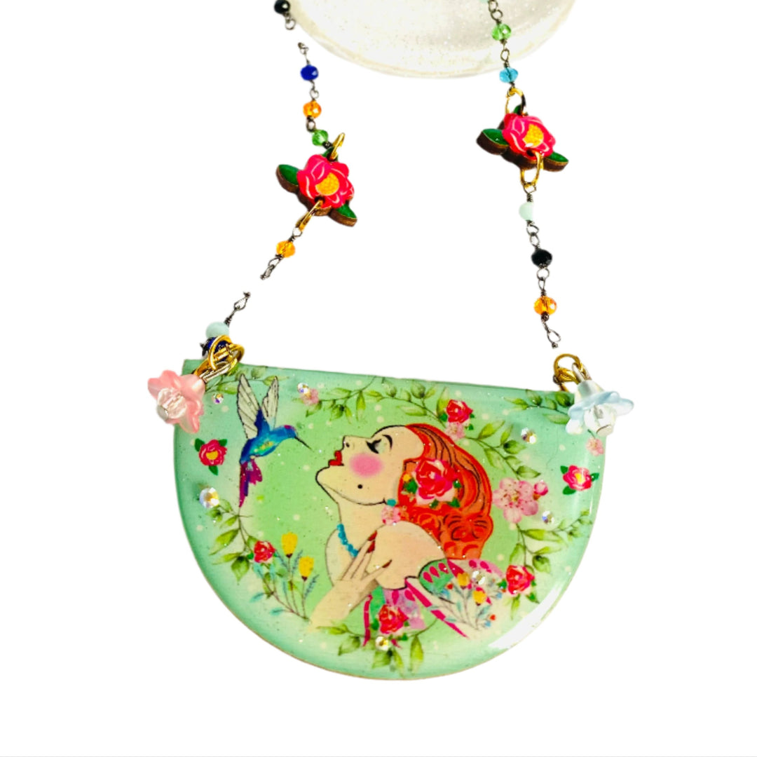 colorful art deco necklace with hummingbird