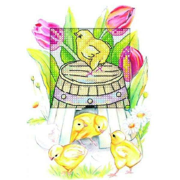 Complete counted cross stitch kit - greetings card "Easter chickens" 6265