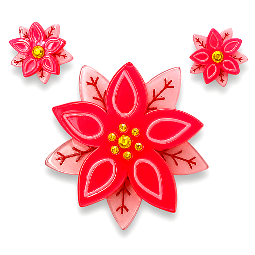 Pretty Poinsettia Brooch and Earring Set by Lipstick & Chrome — coordinated holiday set in pearlized layered resin