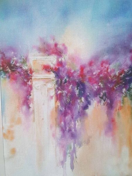 Blooming Arch Designer Printed AIDA Fabric. Canvas for embroidery with an applied background  KF-1081A