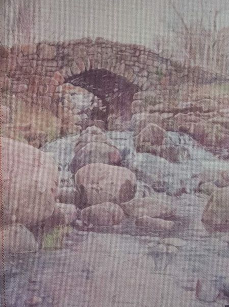 Stone Bridge Designer Printed AIDA Fabric. Canvas for embroidery with an applied background  KF-1115A