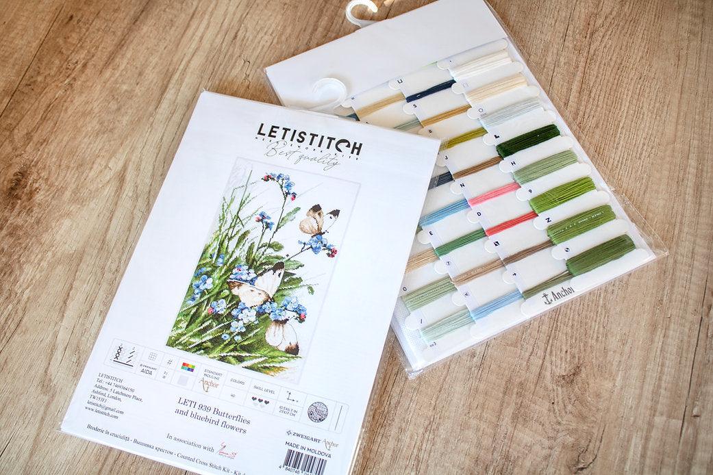 Counted Cross Stitch Kit Butterflies and bluebird flowers Leti939