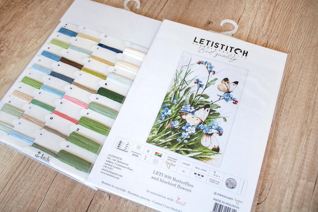 Counted Cross Stitch Kit Butterflies and bluebird flowers Leti939