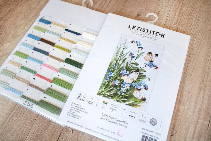 Counted Cross Stitch Kit Butterflies and bluebird flowers Leti939