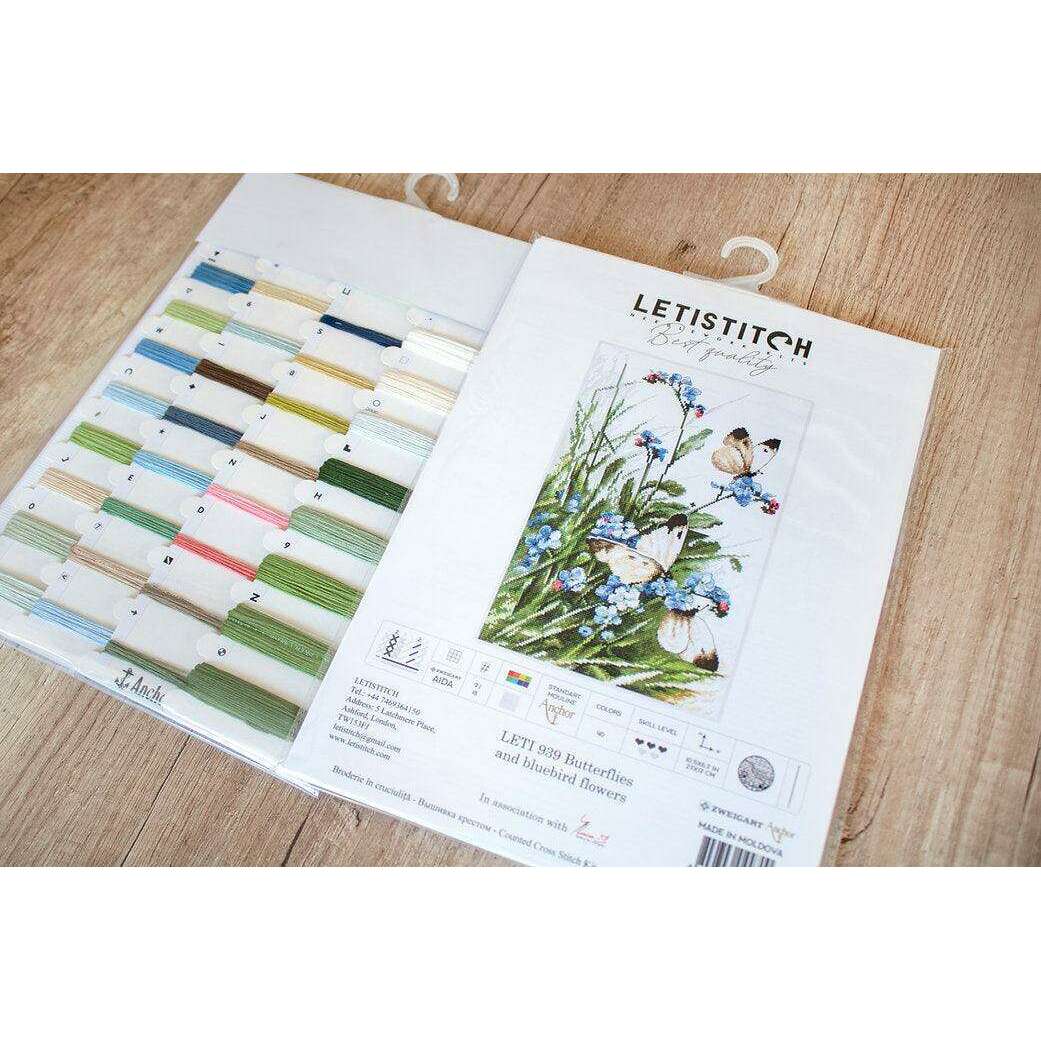 Counted Cross Stitch Kit Butterflies and bluebird flowers Leti939