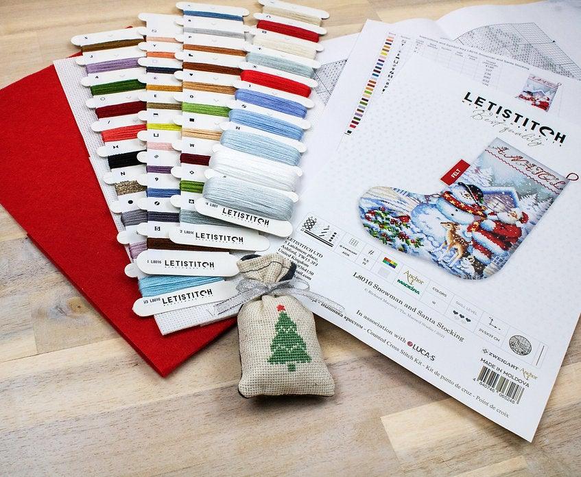Counted Cross Stitch Kit Snowman and Santa Stocking L8016