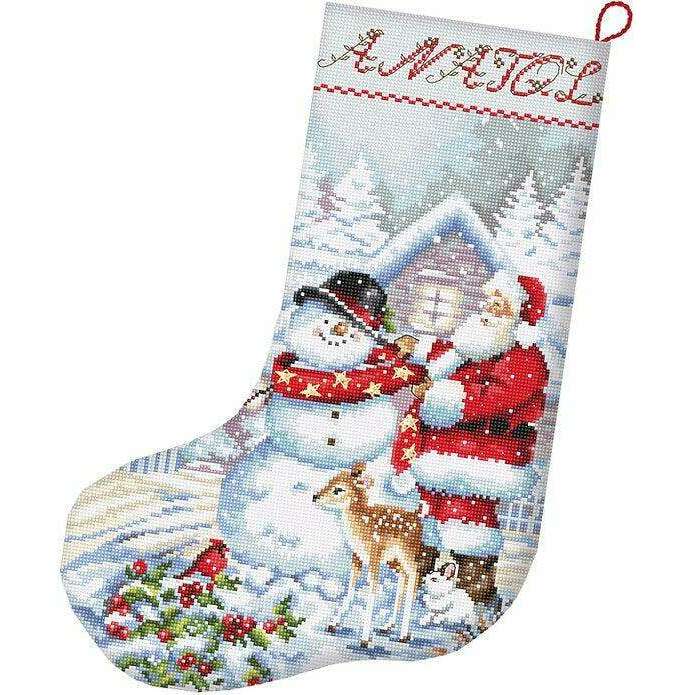Counted Cross Stitch Kit Snowman and Santa Stocking L8016