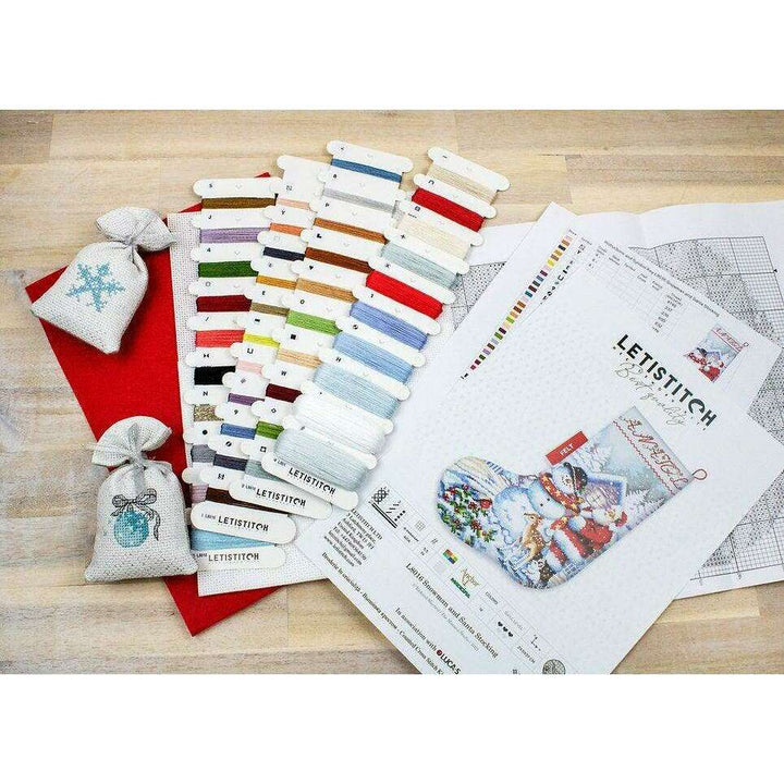 Counted Cross Stitch Kit Snowman and Santa Stocking L8016