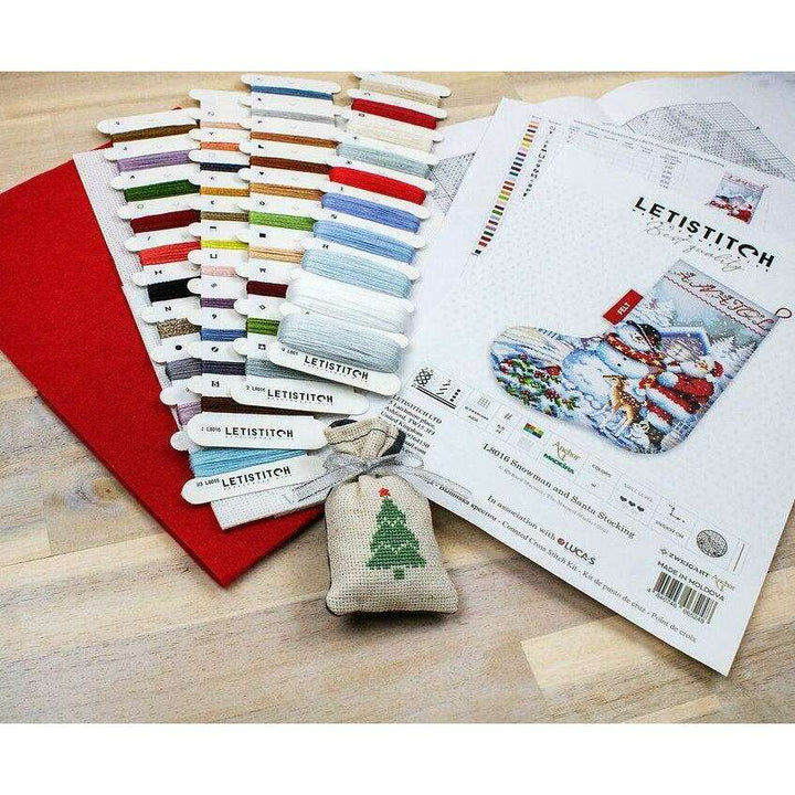 Counted Cross Stitch Kit Snowman and Santa Stocking L8016