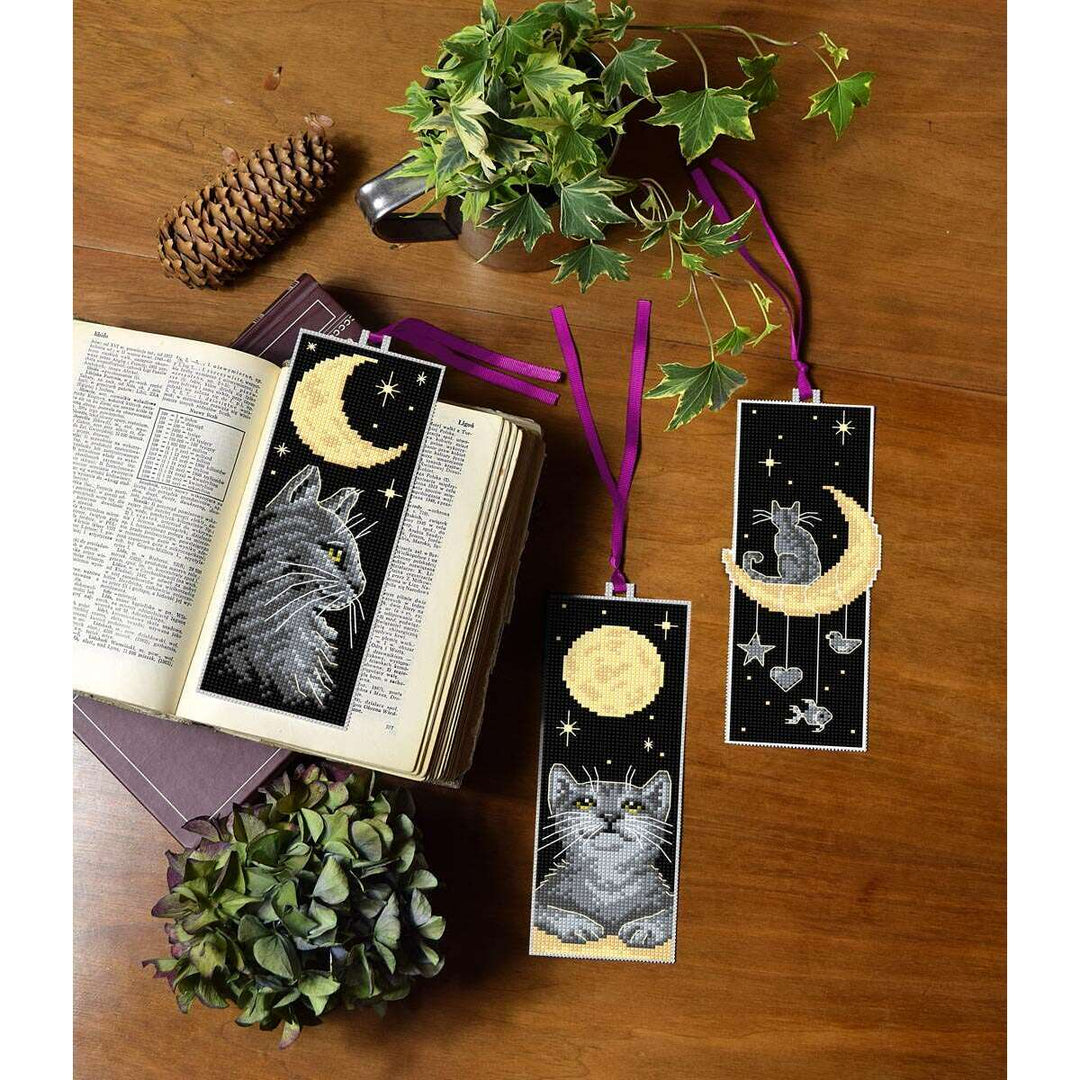 Counted cross stitch kit with plastic canvas Bookmarks "Cats at Night" set of 3 designs 8713