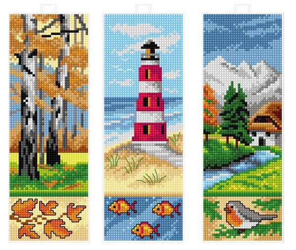 Counted cross stitch kit with plastic canvas Bookmarks "Landscapes" set of 3 designs