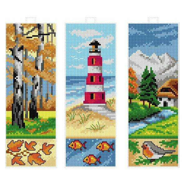 Counted cross stitch kit with plastic canvas Bookmarks "Landscapes" set of 3 designs
