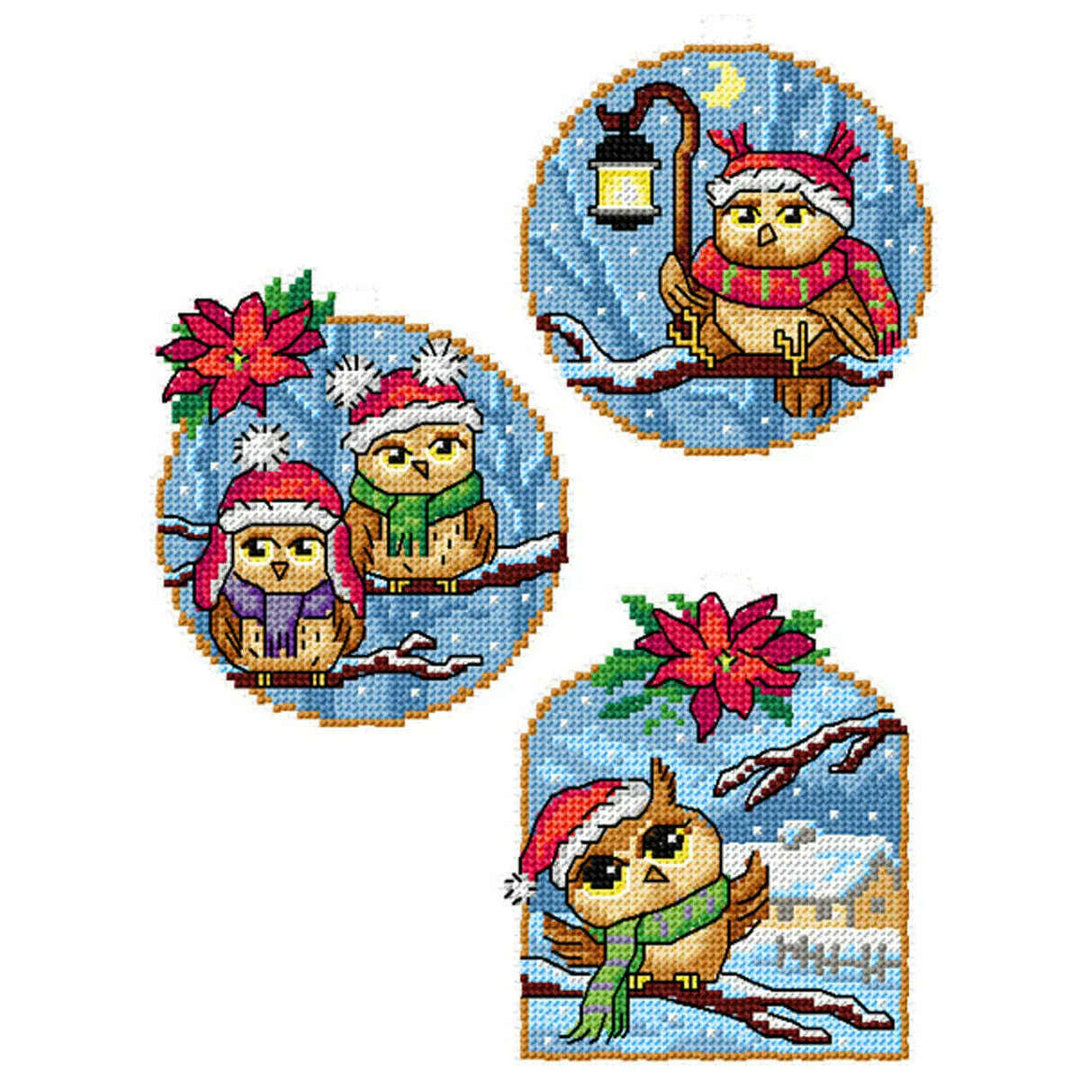 Counted cross stitch kit with plastic canvas Ornaments "Winter Owls" set of 3 designs 7699