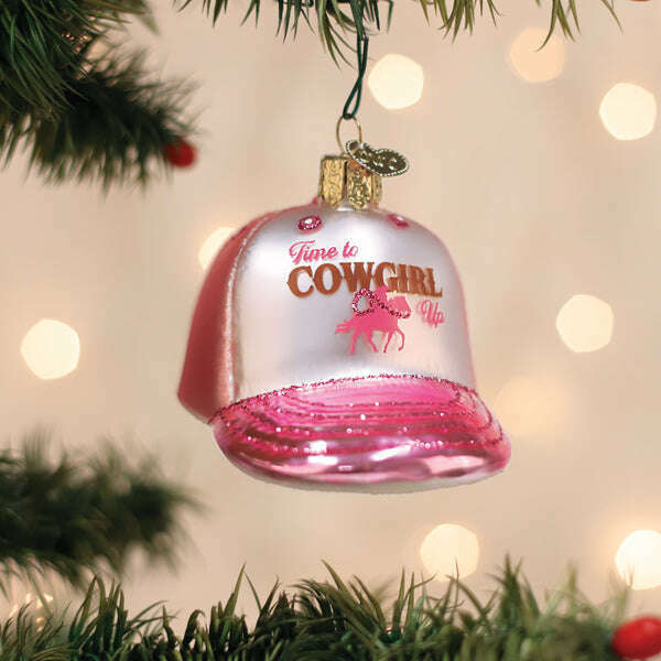 Old World Christmas Cowgirl Trucker Cap Blown Glass Ornament