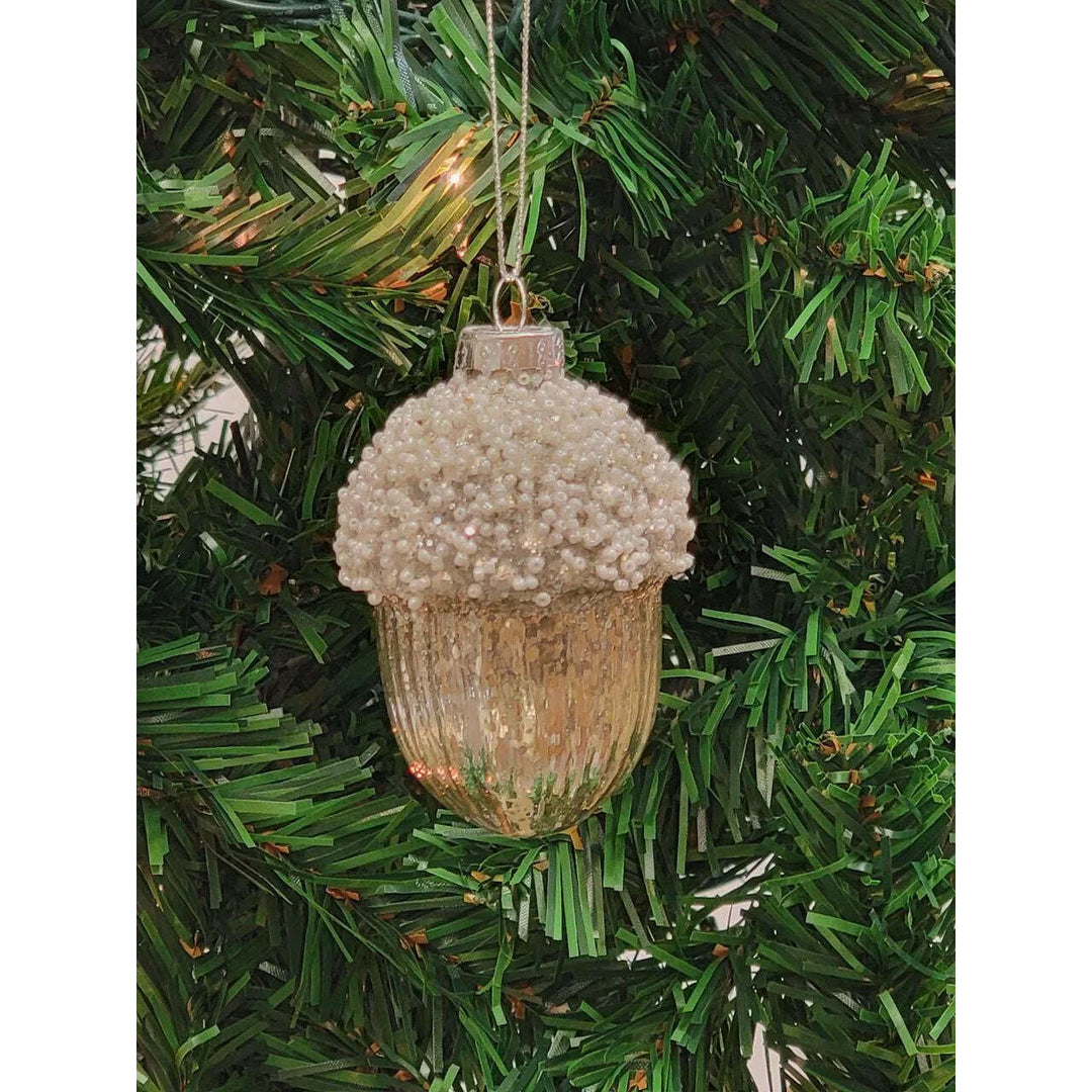 Cream Glitter Acorn Glass Christmas Ornament F07M7-17-LH76-23167