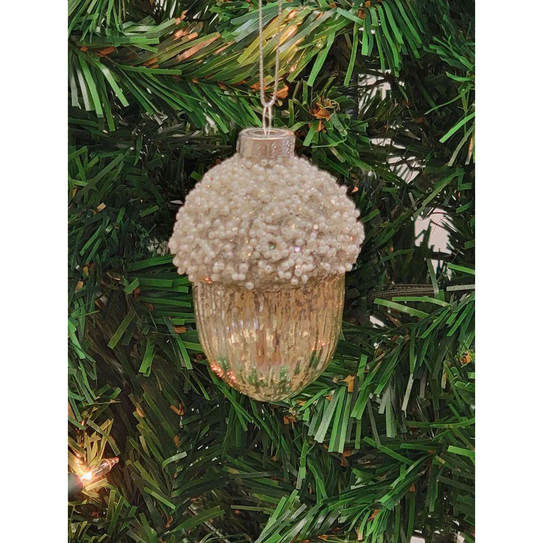 Cream Glitter Acorn Glass Christmas Ornament F07M7-17-LH76-23167