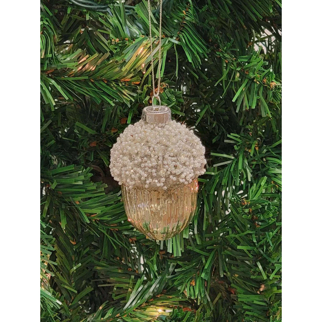 Cream Glitter Acorn Glass Christmas Ornament F07M7-17-LH76-23167