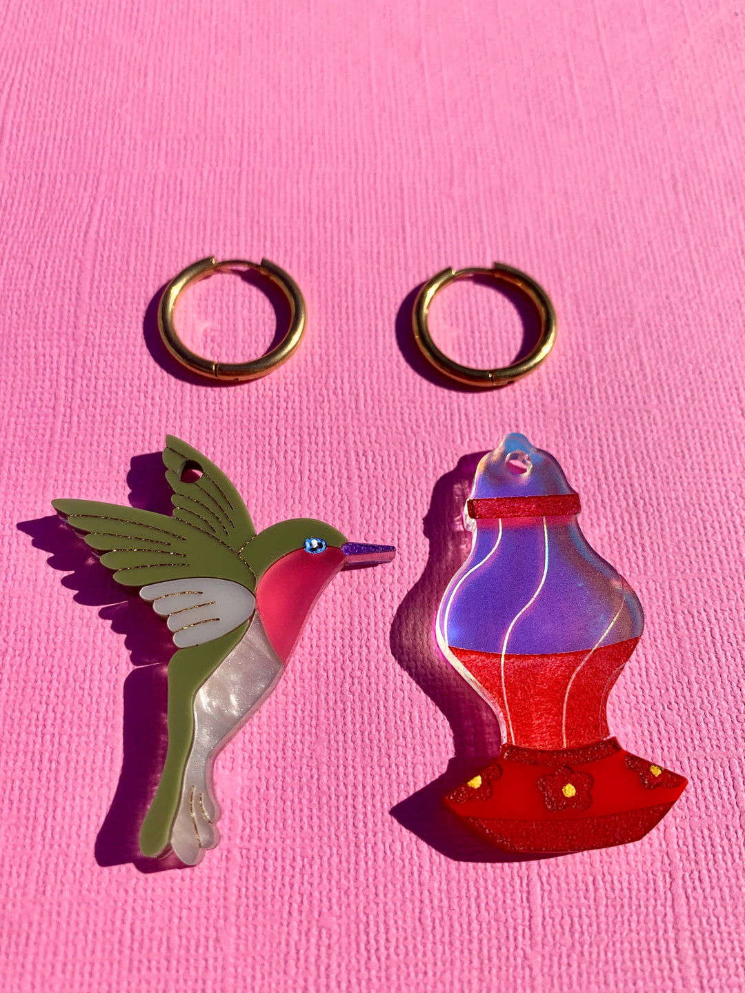 Hummingbird & Feeder Acrylic Statement Earrings