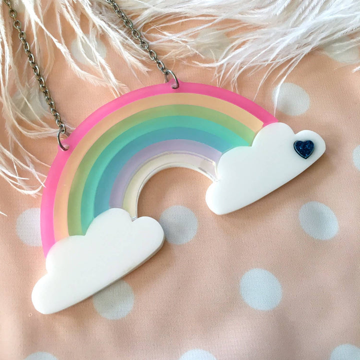 Pastel Frosted Rainbow Acrylic Statement Necklace With Clouds