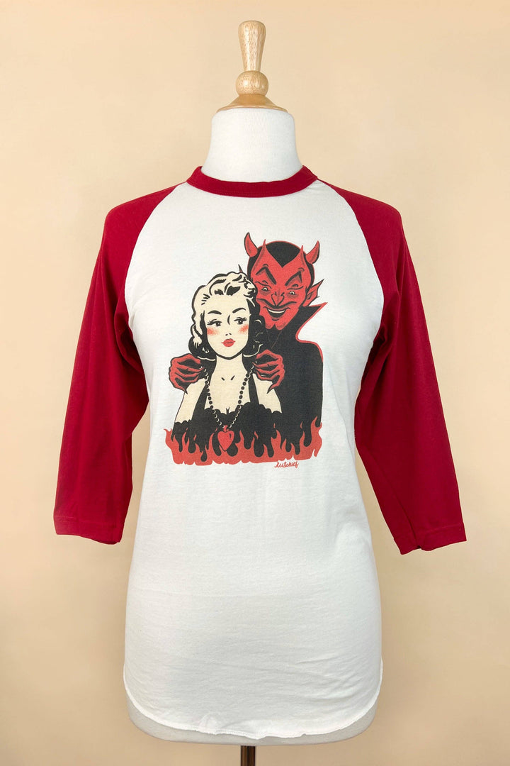 Deal with the Devil Unisex Raglan Tee in Natural/Red: Unisex