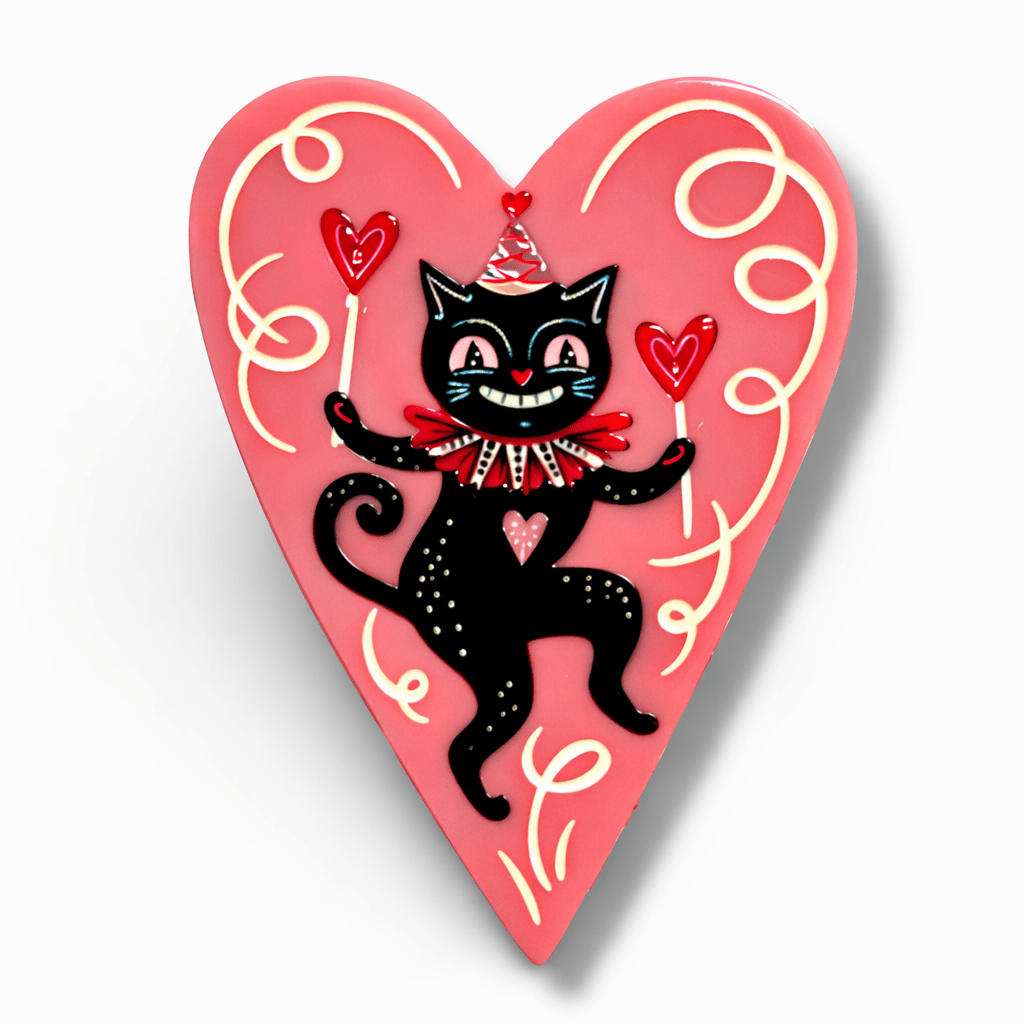 Dancing Cat in Heart Brooch by Johanna Parker x Lipstick & Chrome — Valloween black cat heart pin