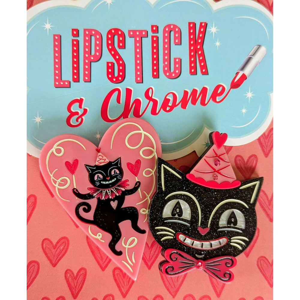 Dancing Cat in Heart Brooch on model showing 3" × 2.2" glitter and jelly resin construction