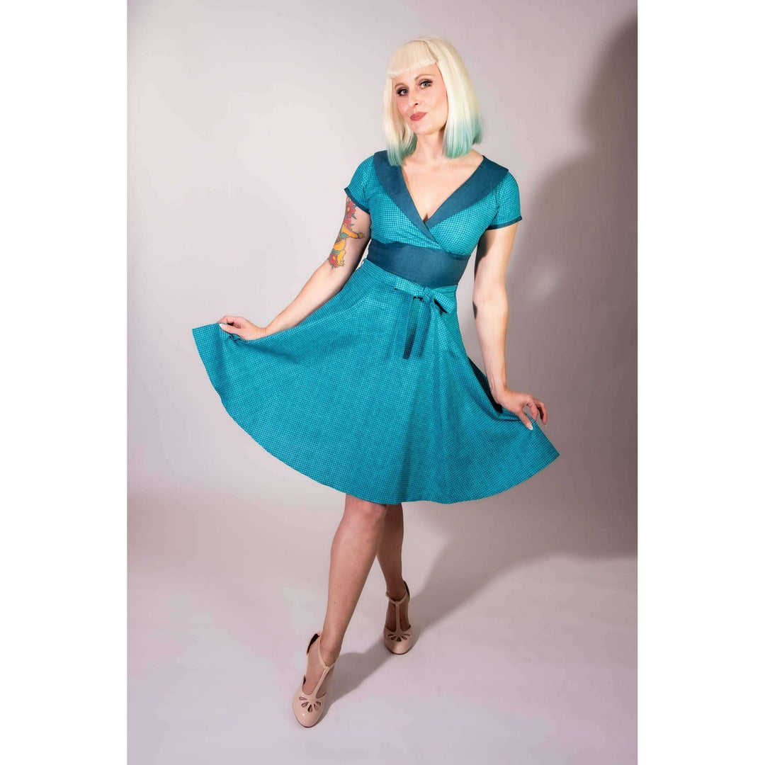 Darla Dress - Mini Houndstooth, Teal Blue
