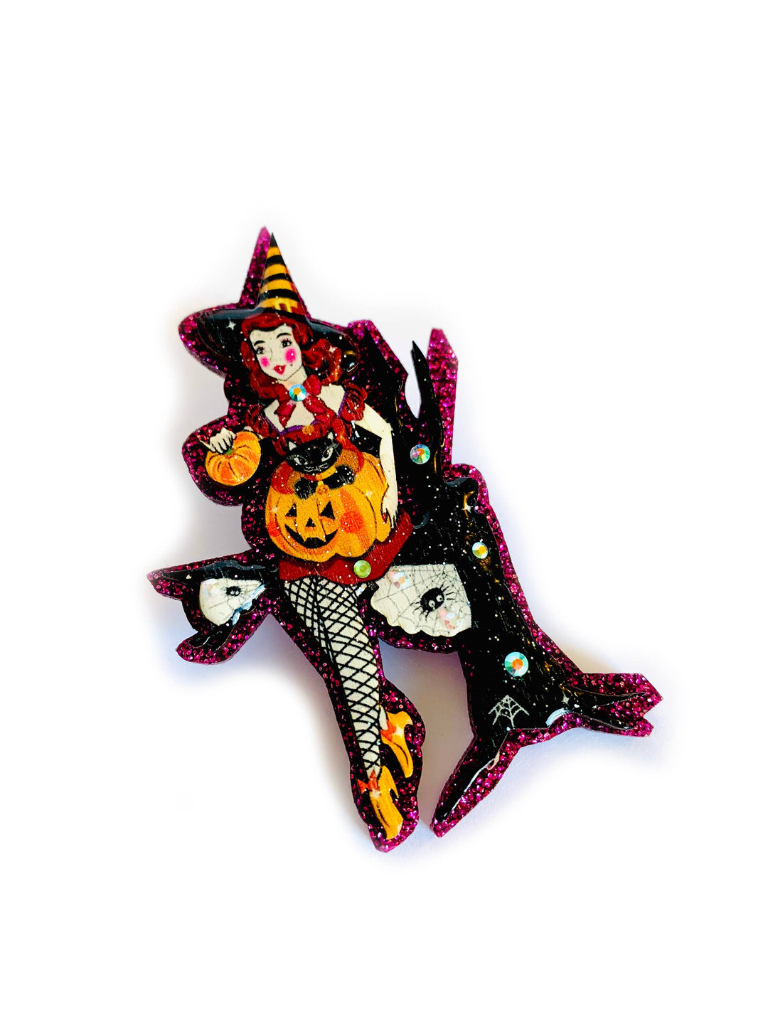 Meggie the Witch & her Pumpkin Cat Brooch by Rosie Rose Parker