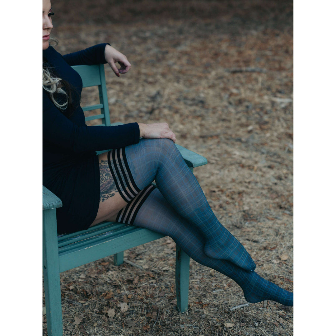 Debbie: Navy Plaid Thigh Highs. Petite to Plus Size