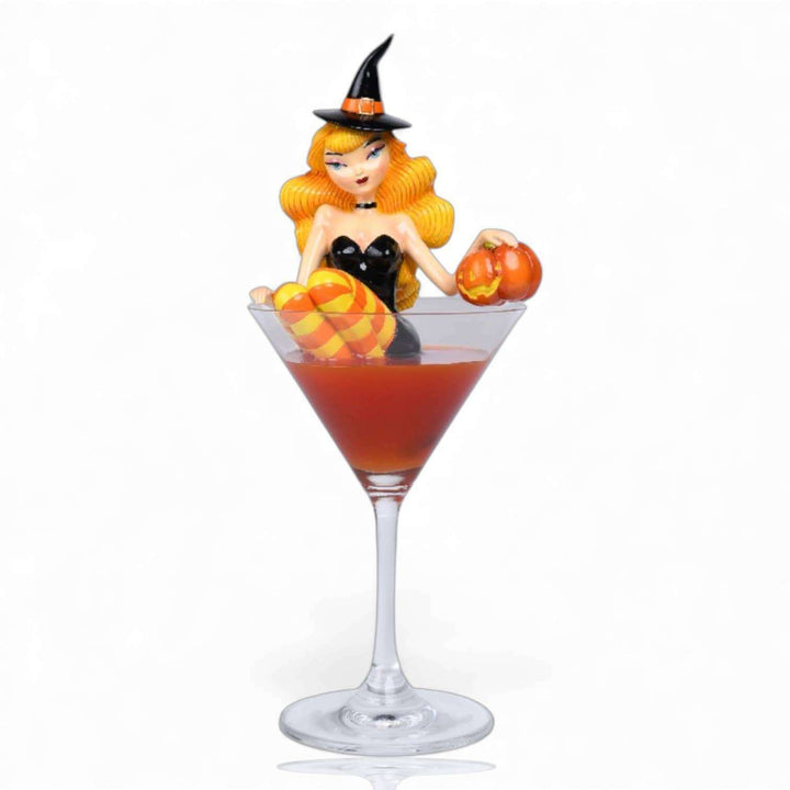 10 inch Orange Witch in Martini Glass figurine by Miss Fluff for December Diamonds, Halloween collectible