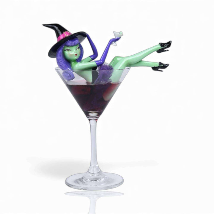 8.5 inch Purple Hair Witch in Martini Glass figurine by Miss Fluff for December Diamonds, Halloween collectible