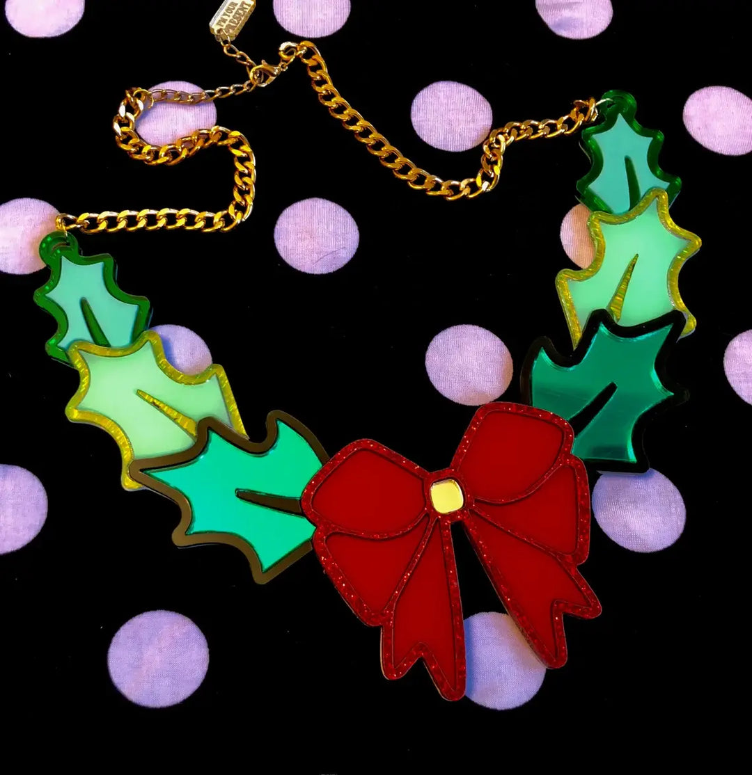 Christmas Wreath and Bow Necklace