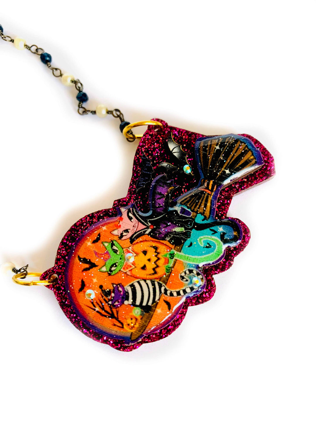 Cats on a Broom Necklace by Rosie Rose Parker