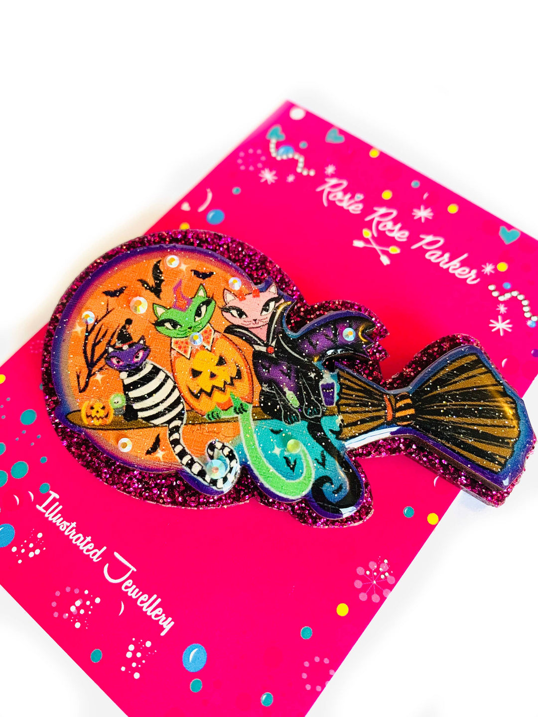 Cats on a Broomstick Brooch by Rosie Rose Parker