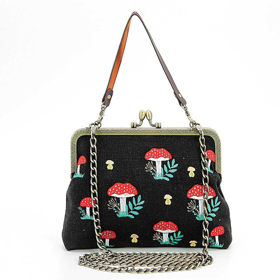 Mushrooms Kisslock Frame Handbag in Cotton: Black