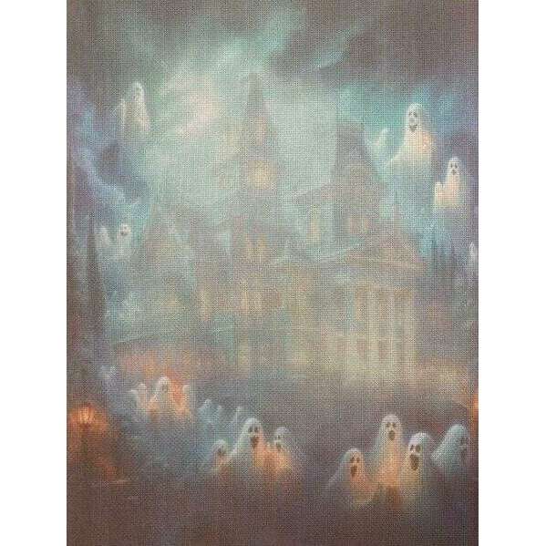 Eerie Village Designer Printed AIDA Fabric. Canvas for embroidery with an applied background  KF-1382A