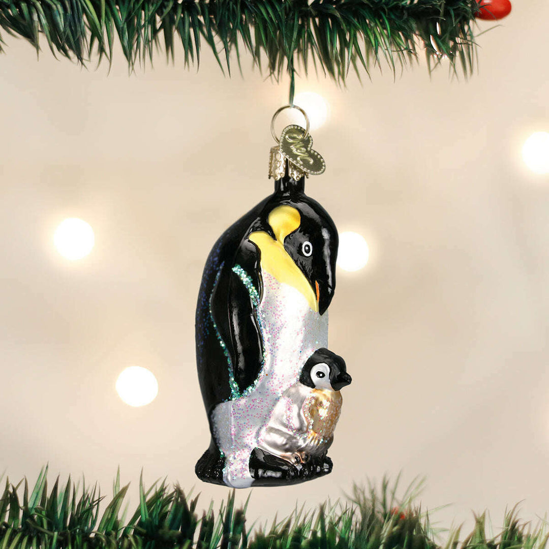 Old World Christmas Emperor Penguin with Chick Blown Glass Ornament
