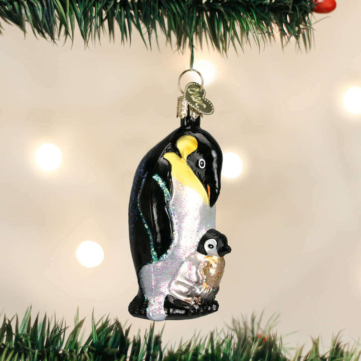 Old World Christmas Emperor Penguin with Chick Blown Glass Ornament