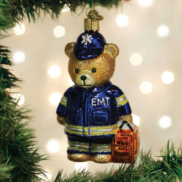 Old World Christmas EMT Teddy Bear Blown Glass Ornament