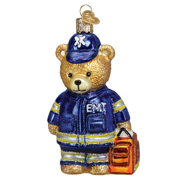 Old World Christmas EMT Teddy Bear Blown Glass Ornament