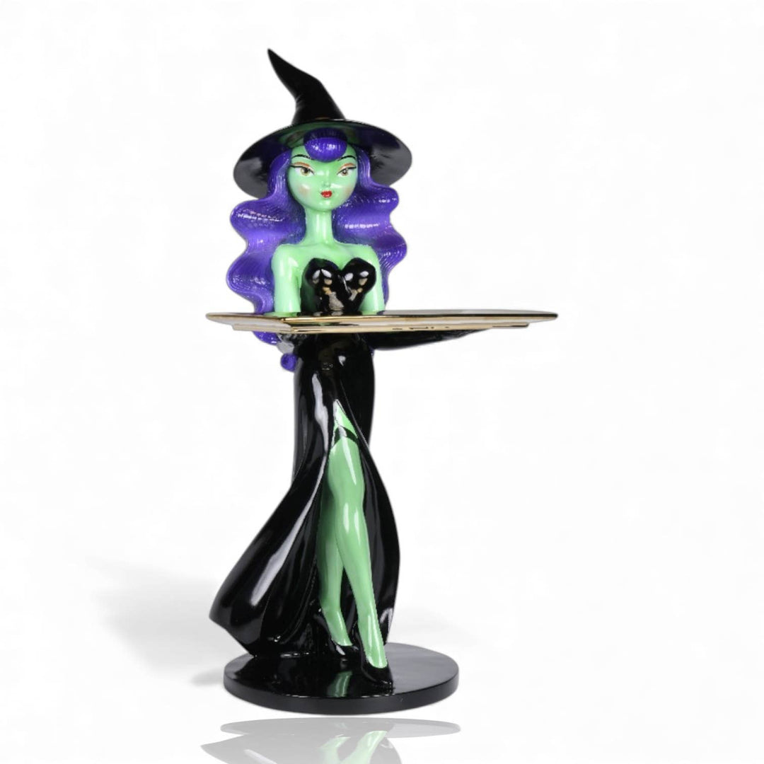 24.5 inch purple witch figure holding a serving tray for Halloween decor