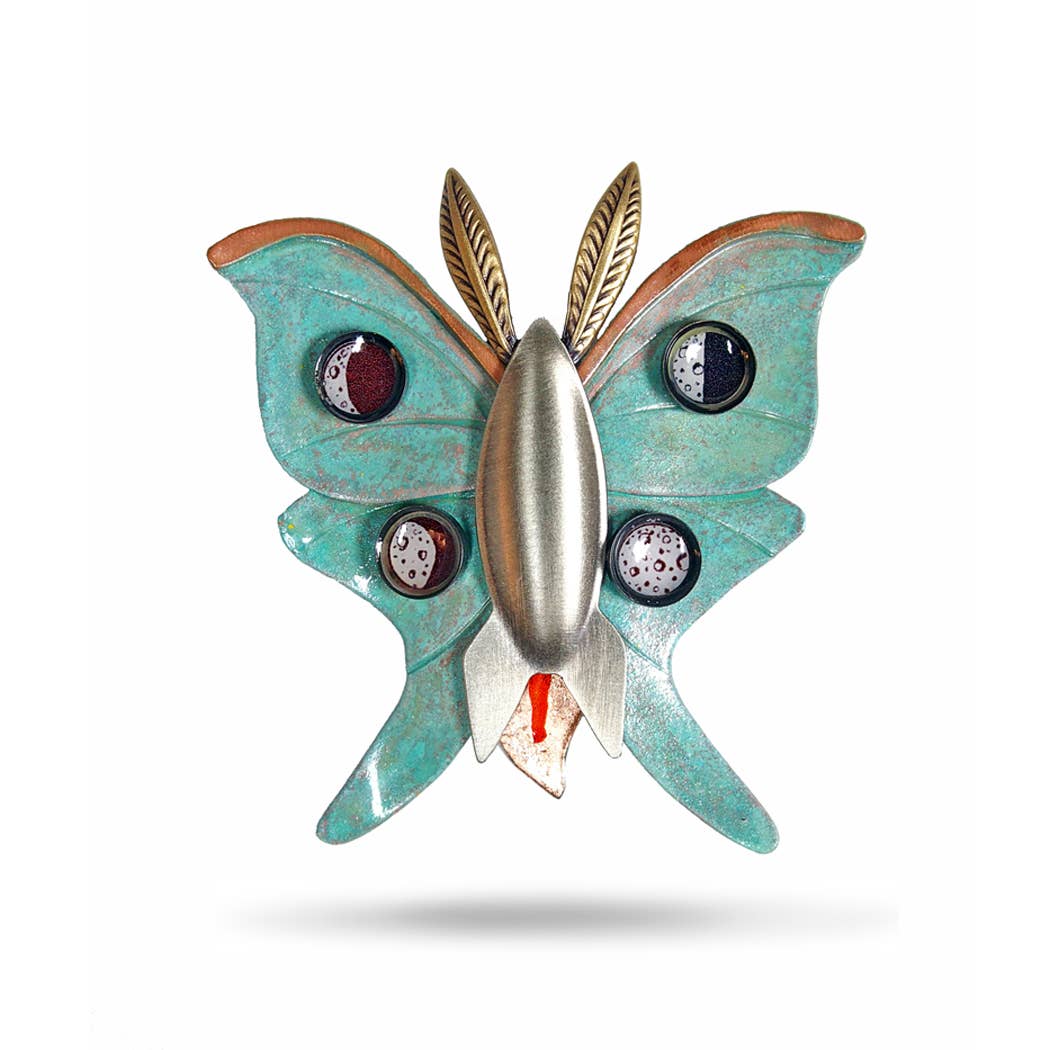 Lunar Moth Pin — verdigris brass wings, nickel silver rocket, epoxy resin moon phases brooch by Chickenscratch