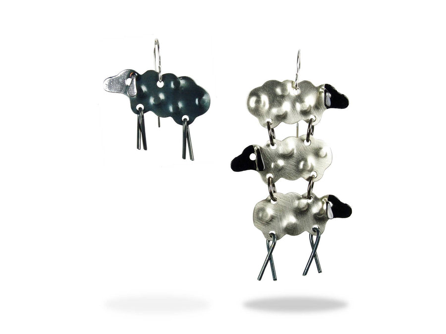 Black Sheep Earrings — mismatched oxidized brass and white bronze sheep earrings by Chickenscratch