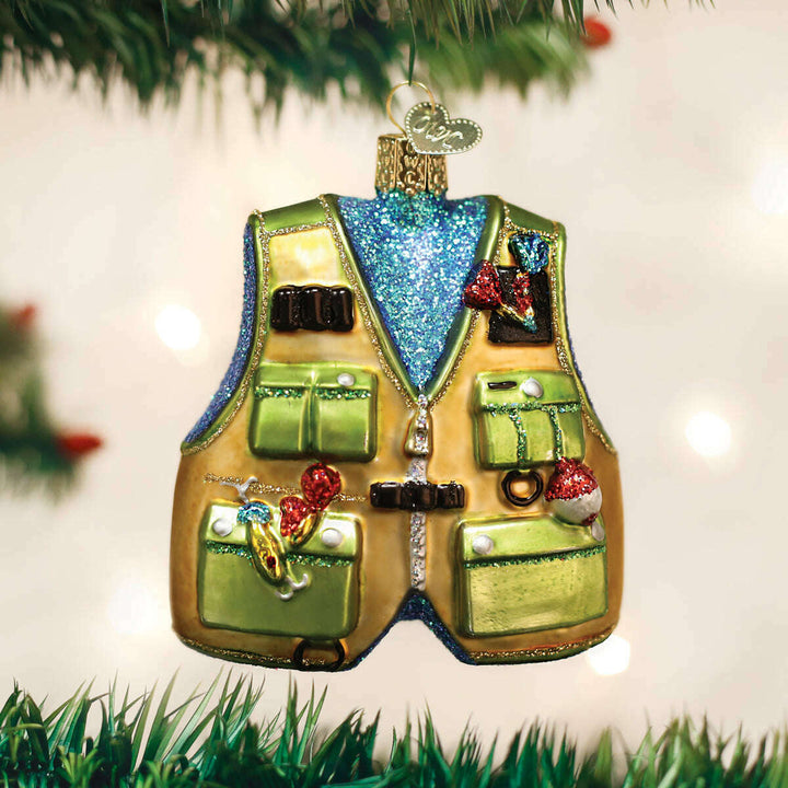 Old World Christmas Fishing Vest Blown Glass Ornament