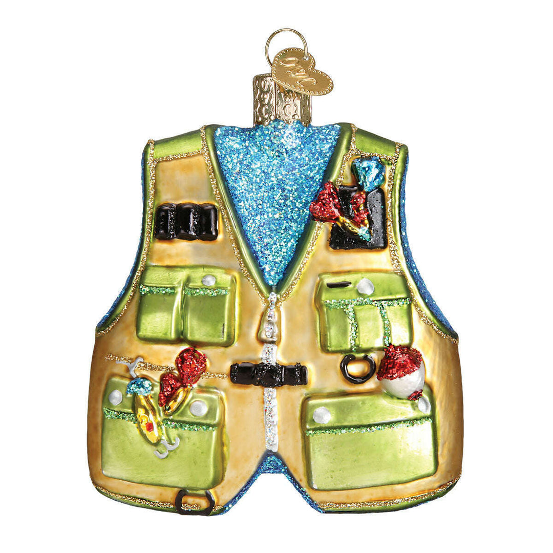 Old World Christmas Fishing Vest Blown Glass Ornament