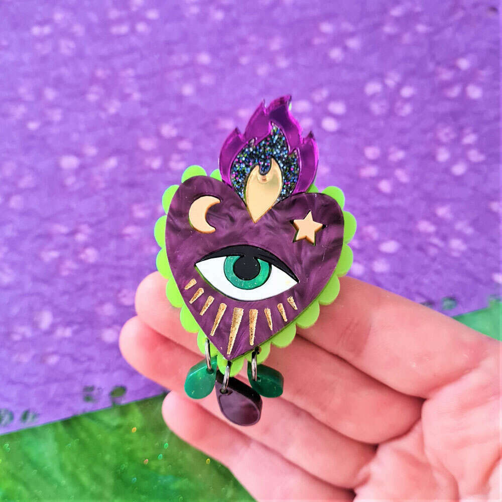Flaming Heart Brooch Neon Green And Purple - Two Sizes by Cherryloco Jewellery 5