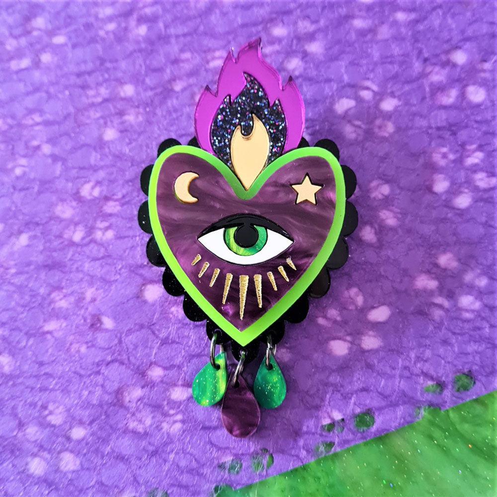 Flaming Heart Brooch Neon Green And Purple - Two Sizes by Cherryloco Jewellery 3